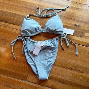 Abercrombie & Fitch swim tie side bikini bottom with bead detail co-ord in blue